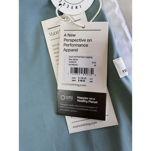 New Vuori AllTheForm Legging Size Medium Sea Spray Blue Stretchy Workout NWT - Picture 4 of 10